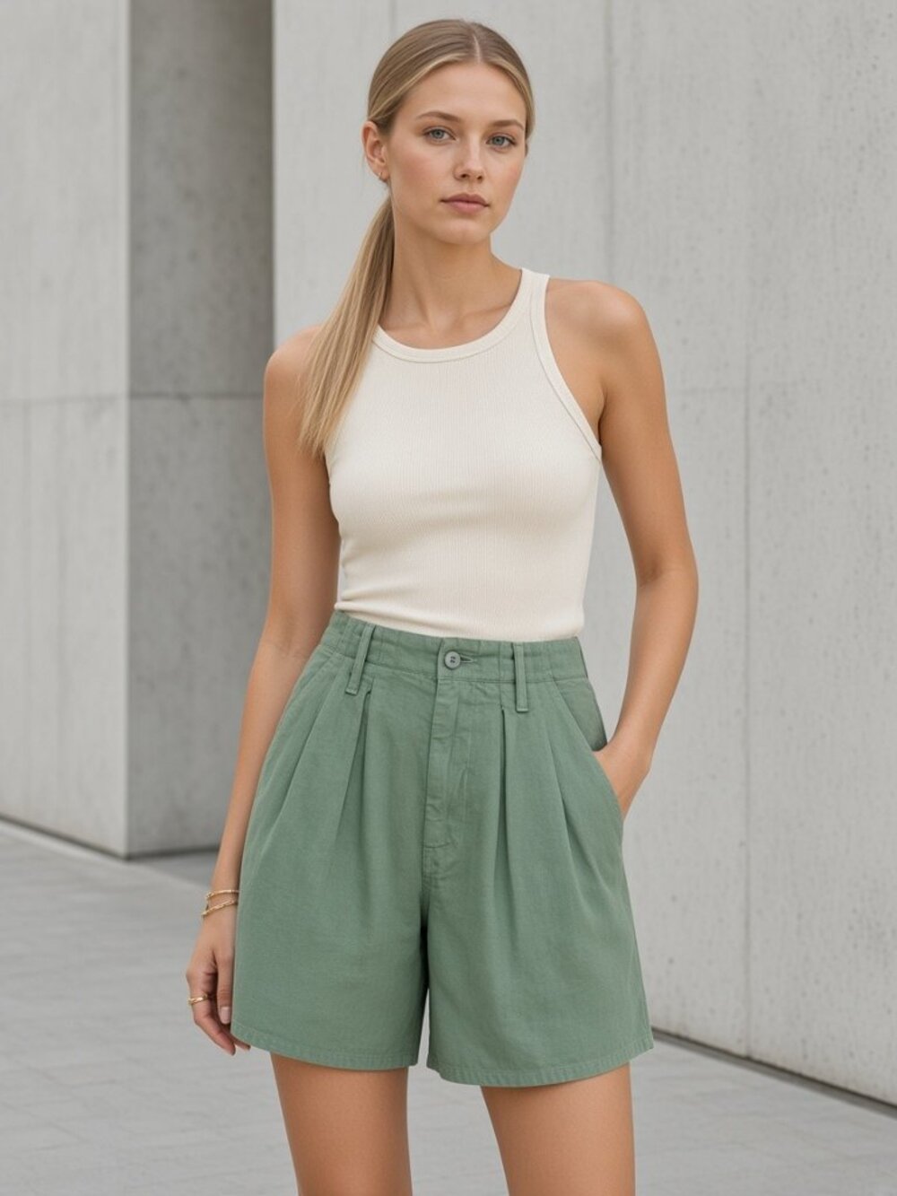 MOTHER Pleated Chute Prep Short Hedge Green 31 NWT Wide Leg High Rise Cotton